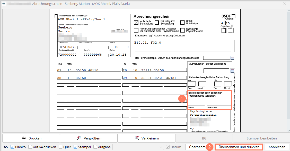 Der Ausdruck mit Leistungsangabe führt die gebuchten Leistungen auf. Ausgedruckter Abrechnungsschein mit Leistungsangabe