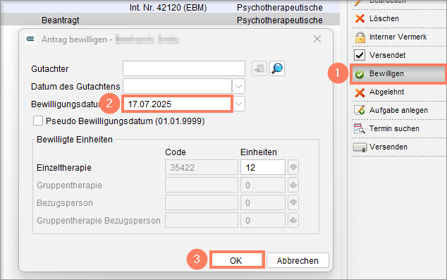Im Dialogfenster tragen Sie das Datum der Bewilligung ein. Dialog zum Eintragen des Bewilligungsdatums