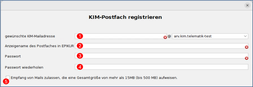 Hier legen Sie Mailadresse, Anzeigename und Passwort des Postfachs fest. Registrierung des Postfachs mit Mailadresse, Anzeigename und Kennwort