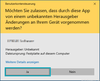 Windows fragt nach der Zustimmung als Administrator. Der Installation als Administrator zustimmen