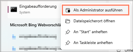 Die Eingabeaufforderung braucht Administratorrechte. Kontextmenü der Eingabeaufforderung mit der Option Als Administrator ausführen