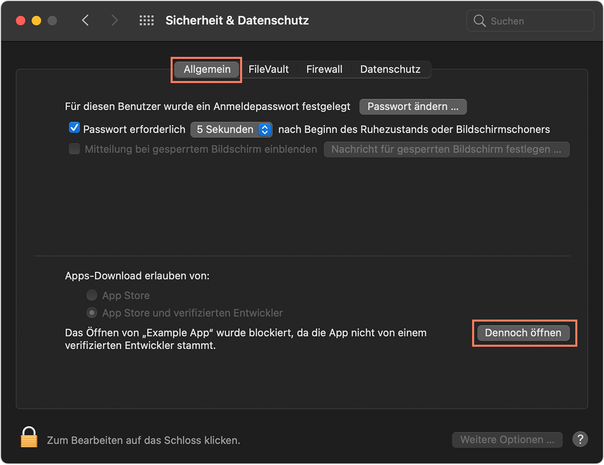 Mit Dennoch öffnen lassen Sie EPIKUR zu. Schaltfläche „Dennoch öffnen“ im Bereich „App-Download erlauben von...“