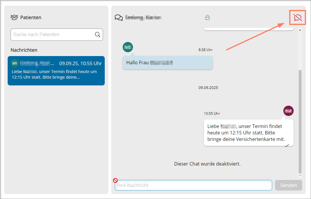 Sprechblasensymbol im Chat, rot markiert und durchgestrichen