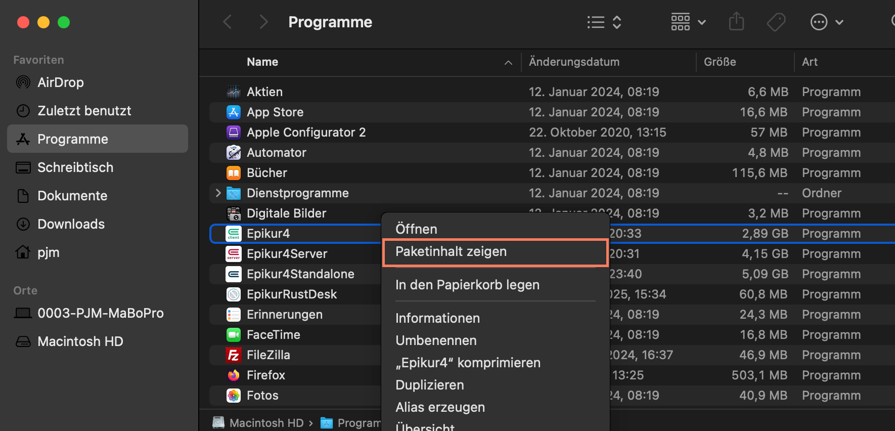 Über Paketinhalt zeigen öffnen Sie das Programmpaket von EPIKUR. Kontextmenü mit der Option Paketinhalt zeigen
