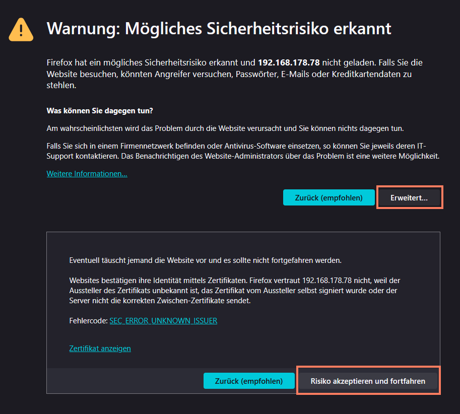 Sicherheitswarnung im Browser