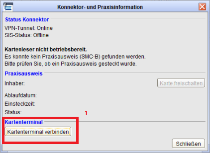 Im Bereich Kartenterminal starten Sie mit Kartenterminal verbinden das erneute Verbinden.