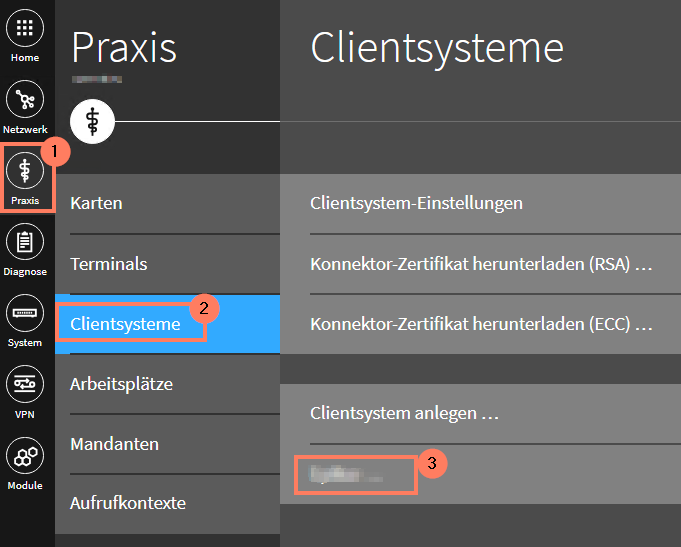 Übersicht der angelegten Clientsysteme unter Praxis > Clientsysteme