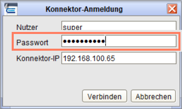 Im Dialogfenster Konnektor-Anmeldung geben Sie das Passwort des Konnektor-Benutzers super ein.