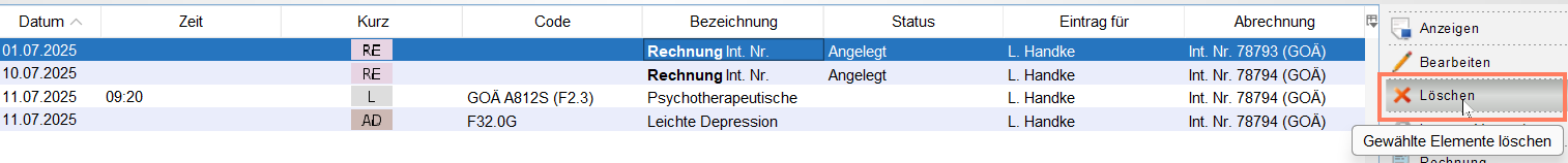Auswahl der zu löschenden Rechnung