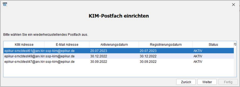 Auswahl des wiederherzustellenden Postfachs