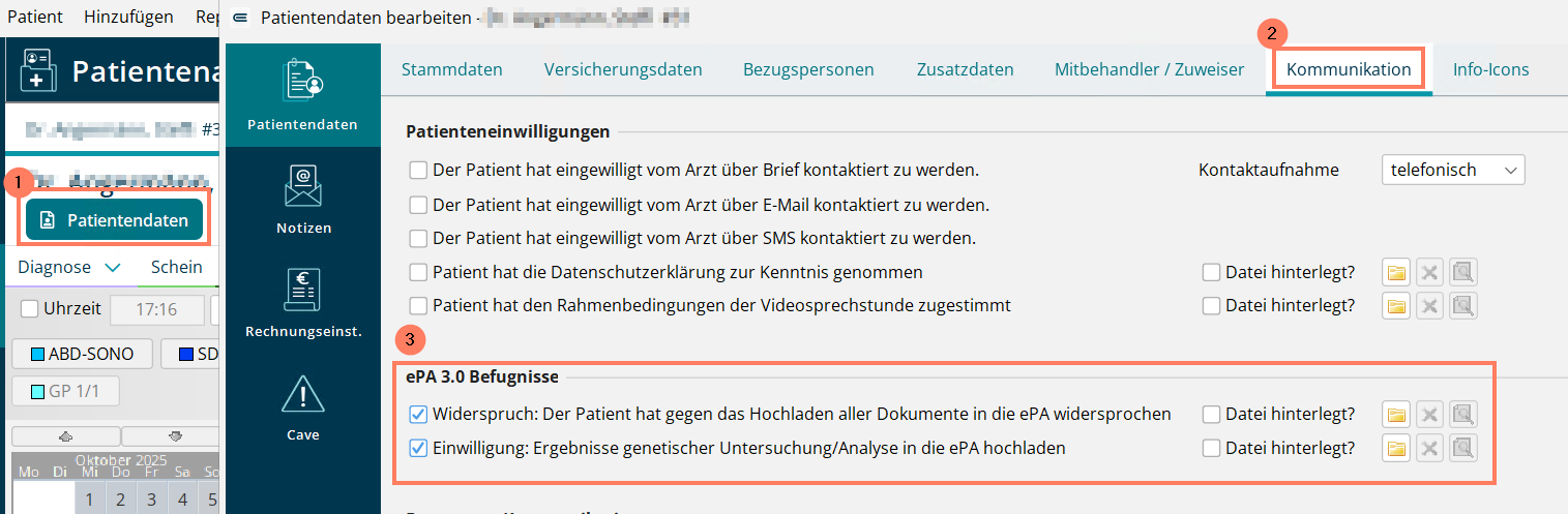 Widerspruch und Einwilligung hinterlegen Sie im Bereich ePA 3.0 Befugnisse. Widerspruch zentral unter ePA 3.0 Befugnisse hinterlegen