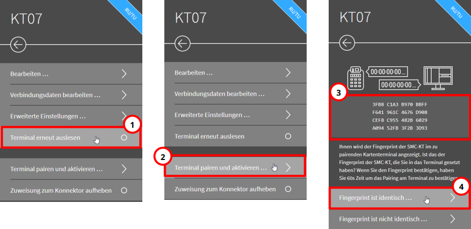 Terminal pairen und aktivieren startet die Verbindung zum Kartenterminal. Terminal pairen und aktivieren