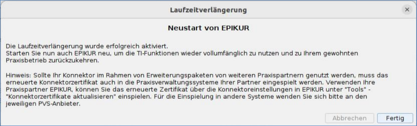 Die letzte Seite meldet die erfolgreiche Aktivierung und fordert den Neustart von EPIKUR an. Neustart von EPIKUR