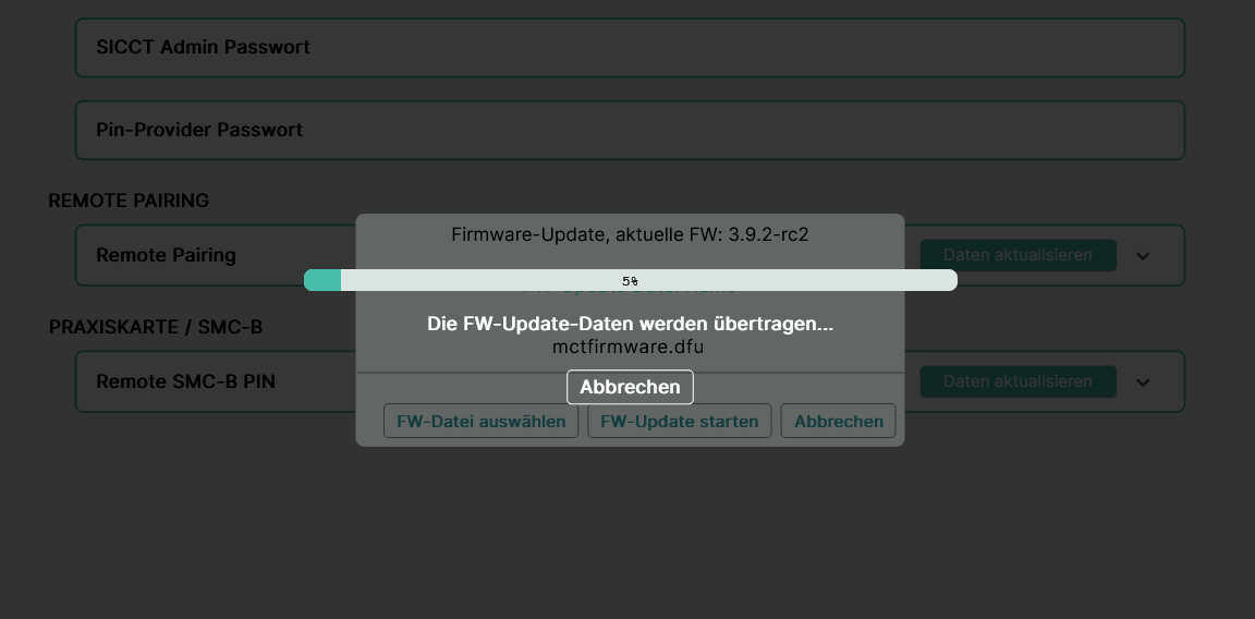 Fortschrittsanzeige des Firmware-Updates am Kartenterminal