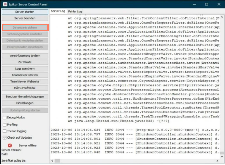 Schaltfläche Datenbank sichern im Server-Control-Panel