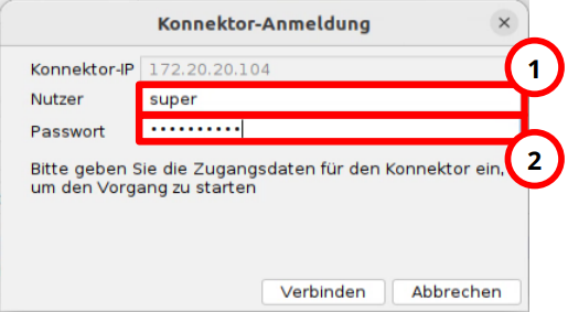 Zu Beginn fragt der Assistent die Zugangsdaten des Konnektors ab. Konnektor-Zugangsdaten eingeben