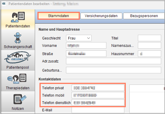 Telefonnummern des Patienten in den Stammdaten.