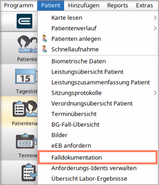 Öffnen der Falldokumentation über die Menüleiste
