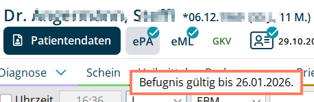 Zeigen Sie auf das ePA-Symbol, um das Ablaufdatum der Befugnis zu sehen. Ablaufdatum der Zugriffsbefugnis beim Zeigen auf das ePA-Symbol