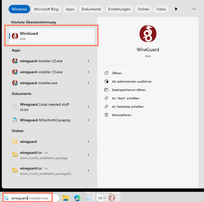 Die WireGuard-Anwendung finden Sie über die Windows-Suche. WireGuard in der Windows-Suche