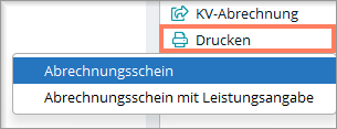 Mit Drucken in der Aktionsleiste öffnen Sie den markierten Abrechnungsschein. Markierter Abrechnungsschein und Schaltfläche Drucken