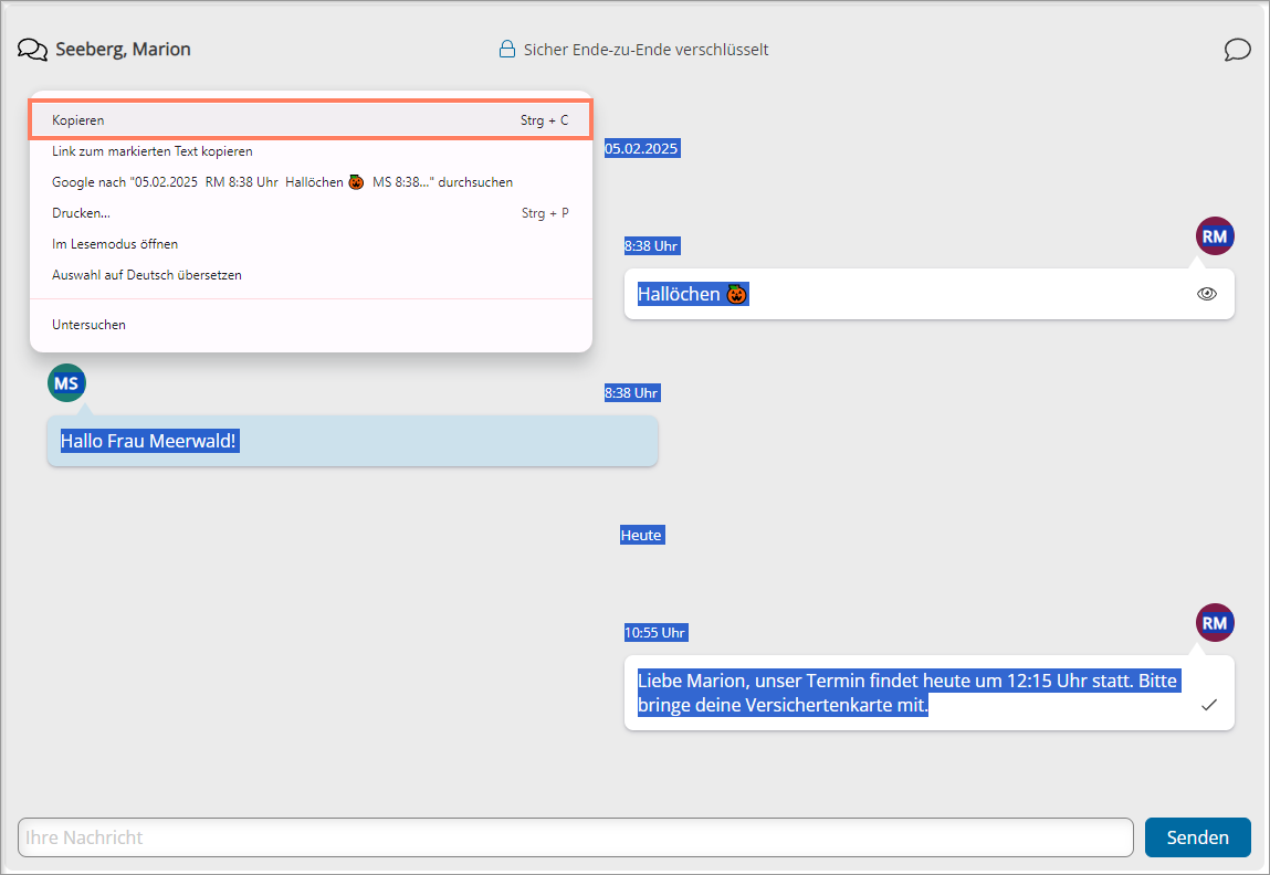 Den Chatverlauf markieren und kopieren Sie in der Browserversion der Therapeuten-App.
