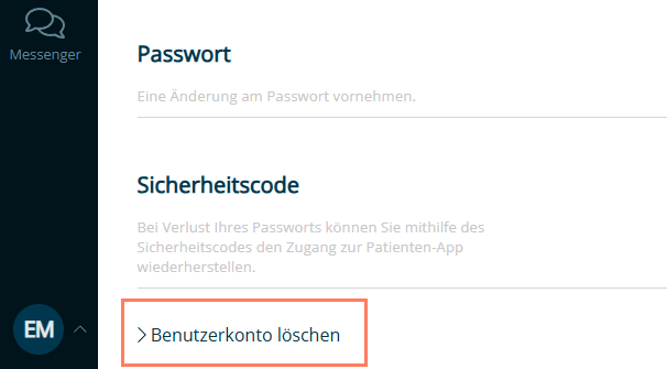 In ihren Benutzereinstellungen löscht die Person ihr Konto selbst. Benutzereinstellungen des Patienten zum Löschen des eigenen Accounts