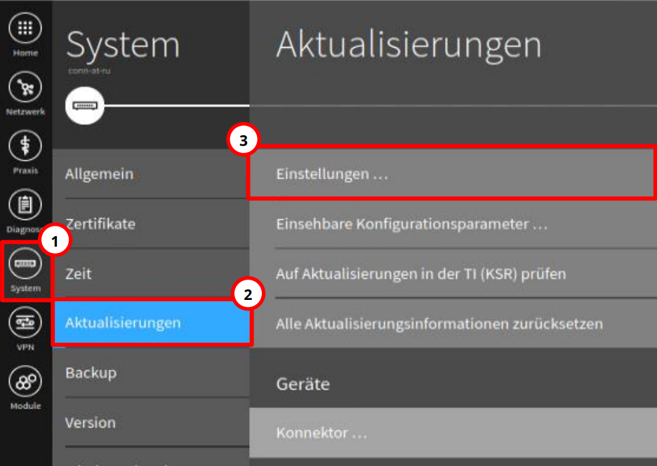 Navigation zu den Firmware-Einstellungen des Konnektors