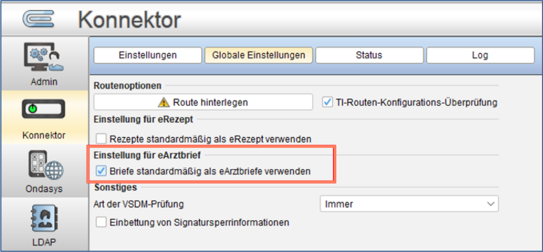 Mit der globalen Einstellung erstellt EPIKUR Briefe standardmäßig als eArztbrief.